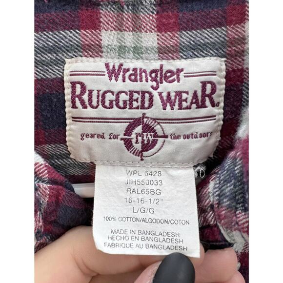 Mens Wrangler Flannel Shirt Large Rugged Wear Red Plaid Long Sleeve Button Up - Picture 4 of 8